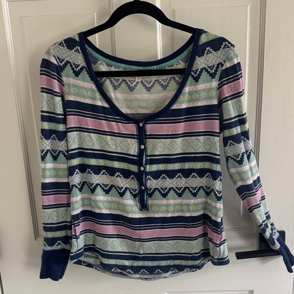 Victoria's Secret Navy, Pink & Mint Striped Henley Pajama Set